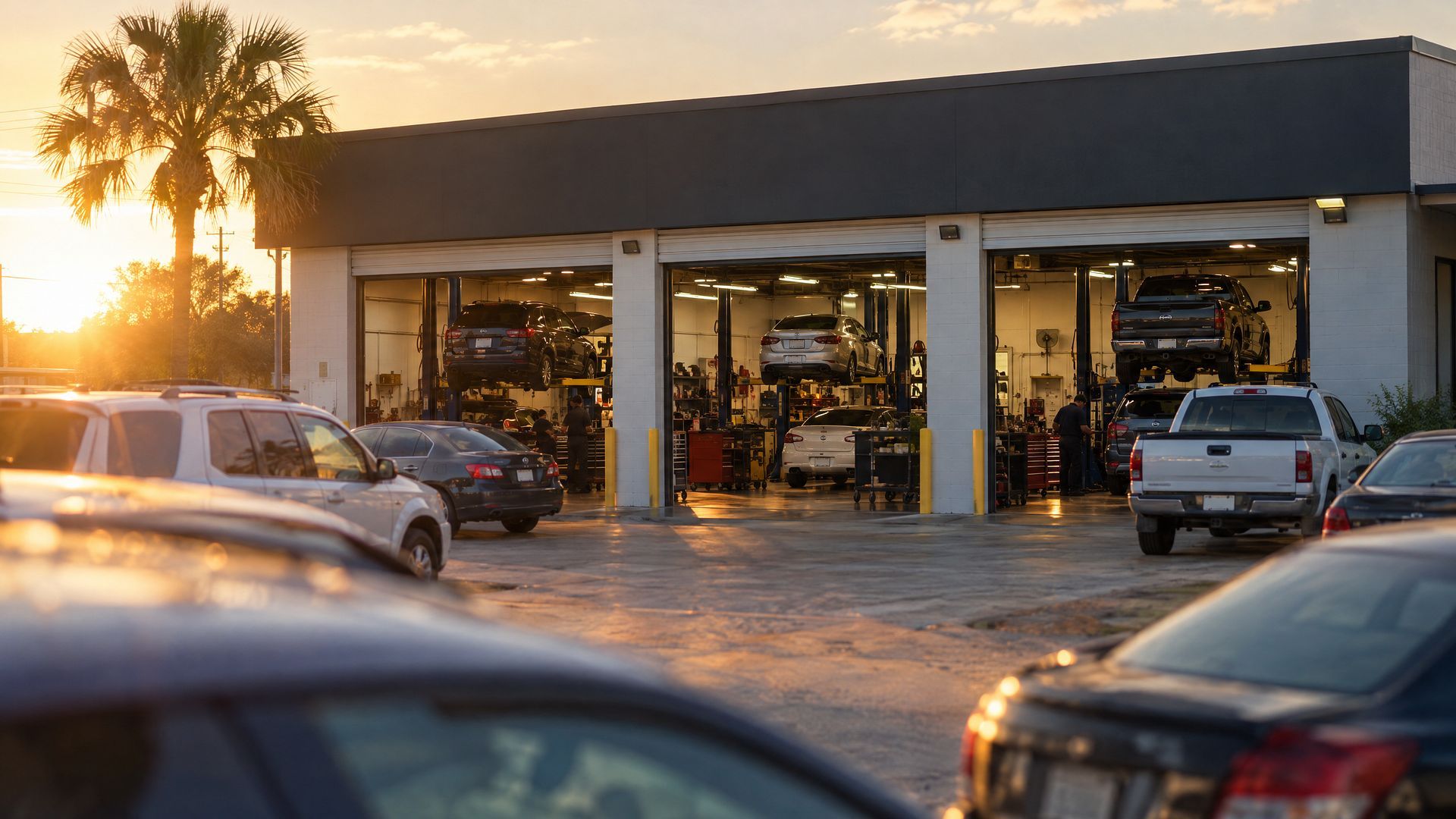 A busy independent repair shop at golden hour with every bay full