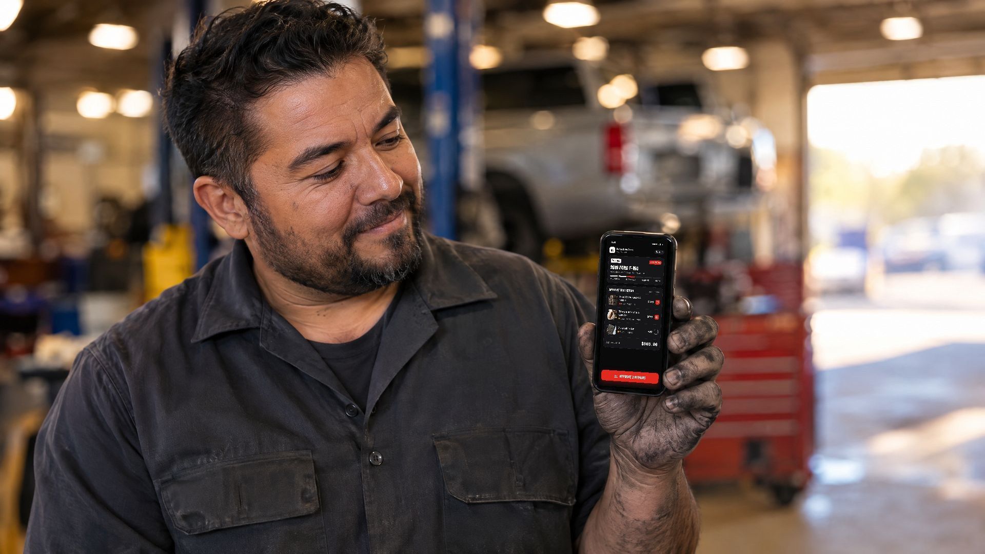 Mechanic in a repair bay holding a phone showing the SHOP repair approval screen