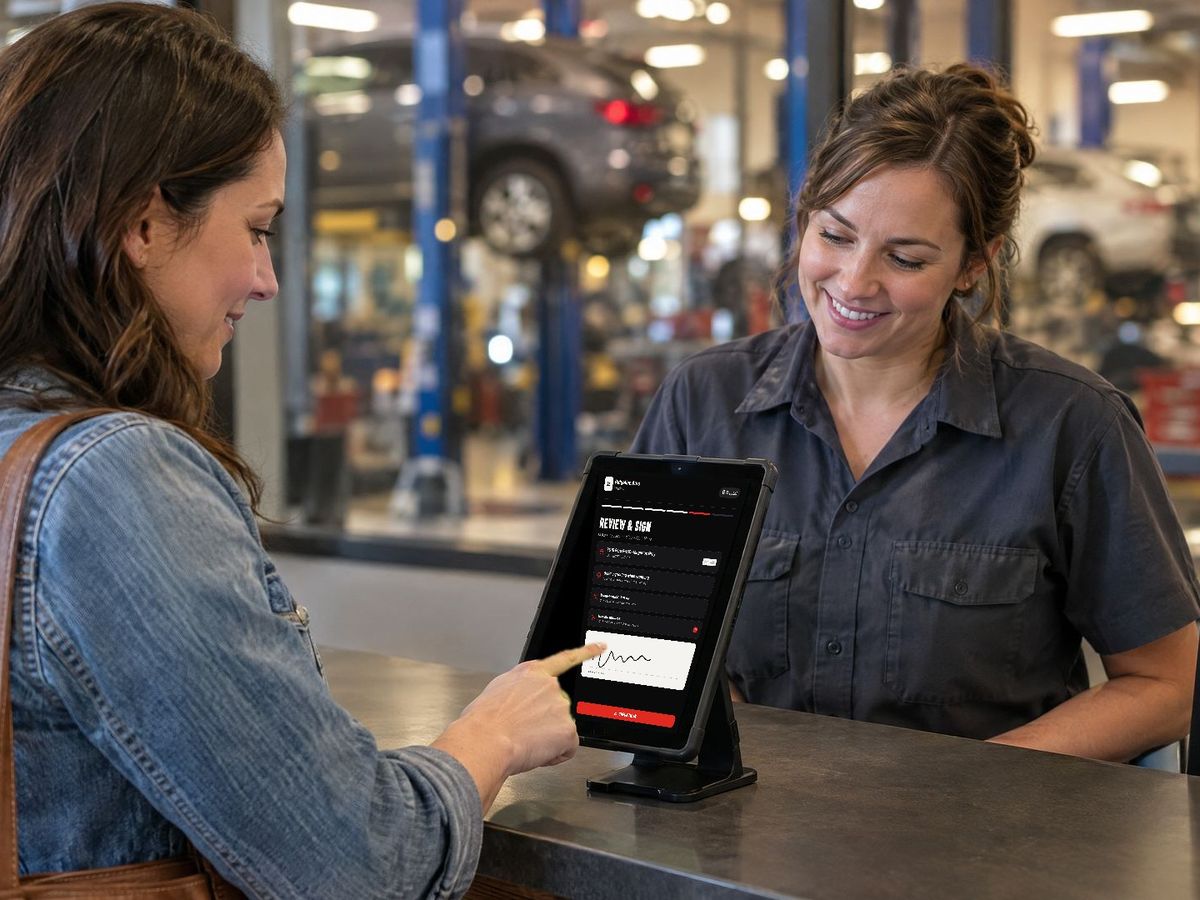 Customer signing in on the SHOP INTAKE iPad at the front counter