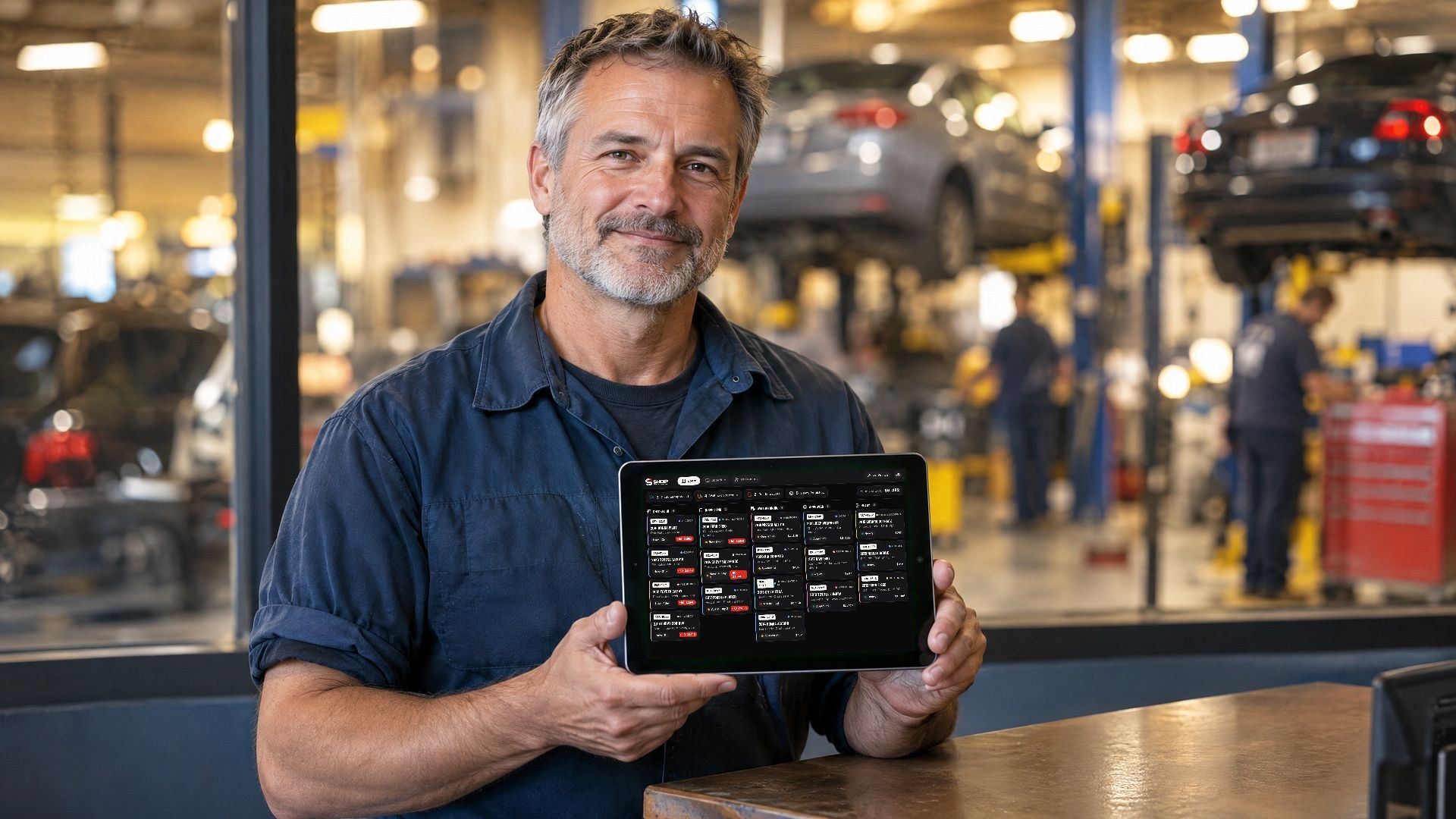 Shop owner at the counter with the SHOP board on a tablet