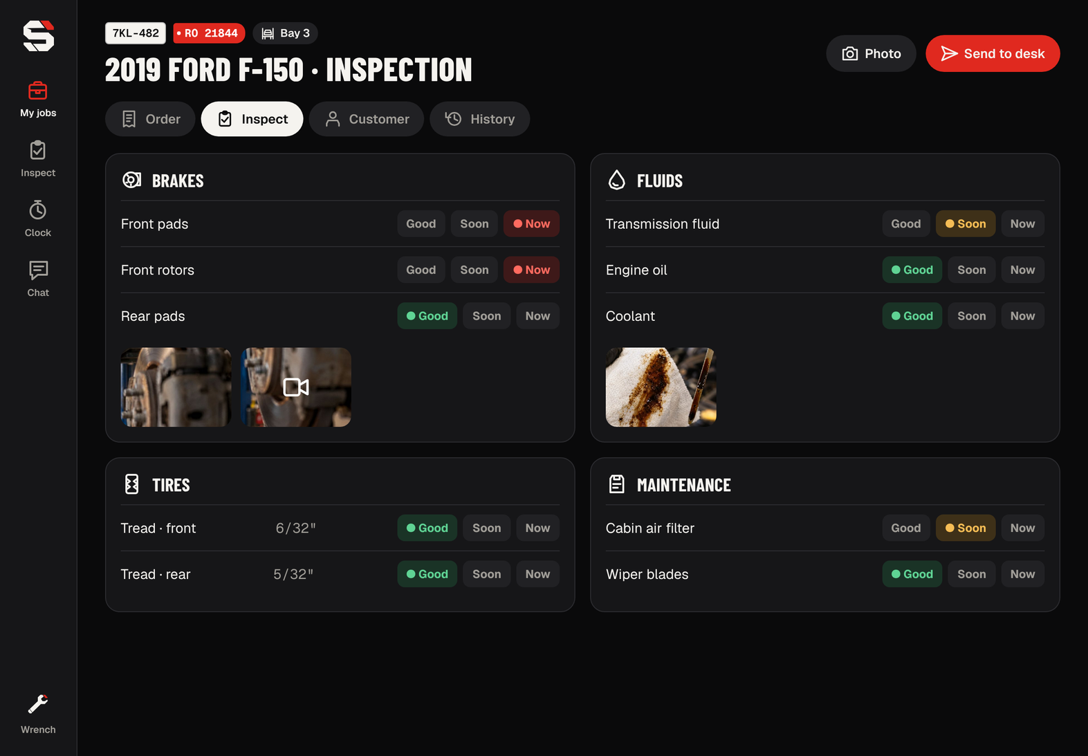 SHOP TECH inspection screen with brakes, fluids, tires and photos
