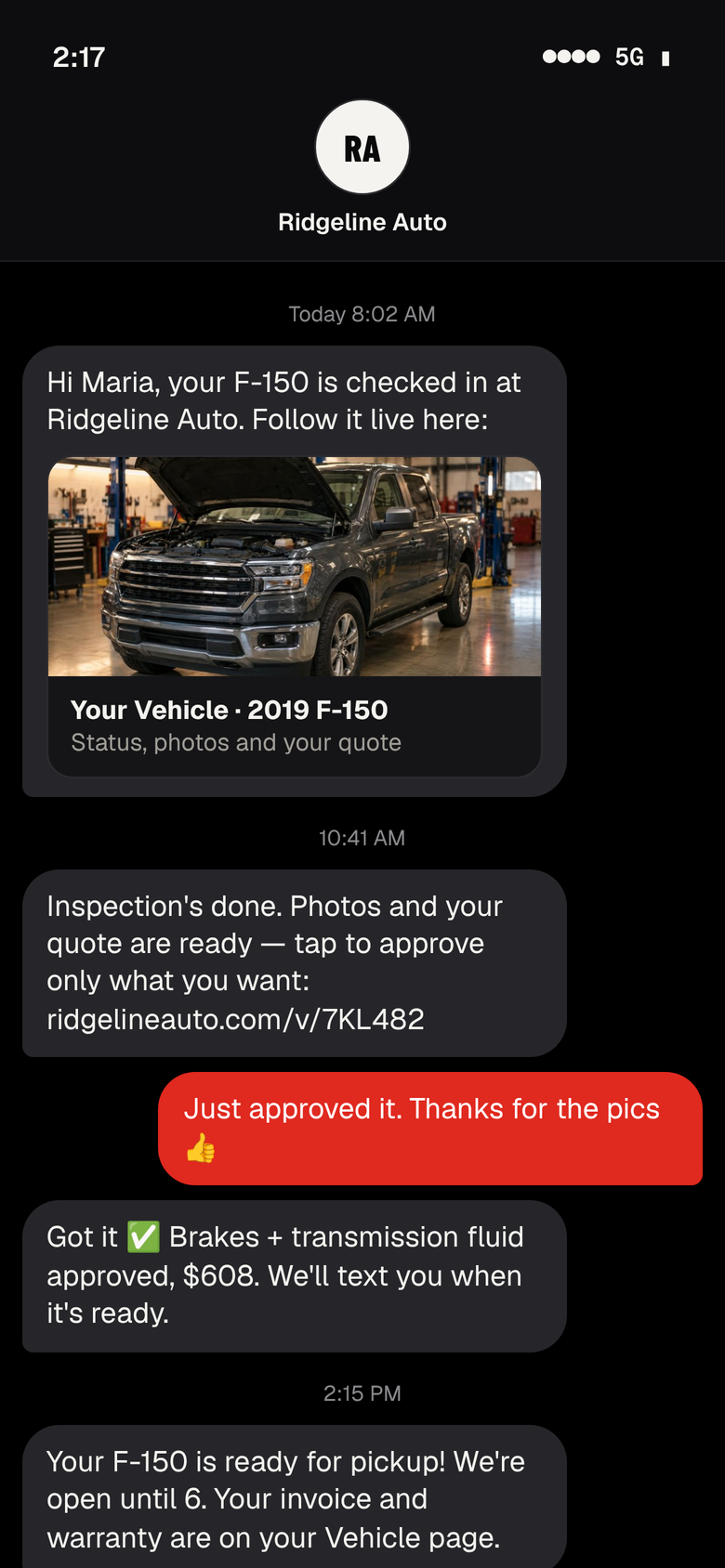 Text thread: check-in link, inspection quote, approval and ready-for-pickup texts
