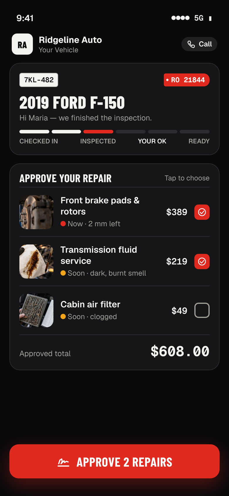 SHOP Your Vehicle page with repairs to approve