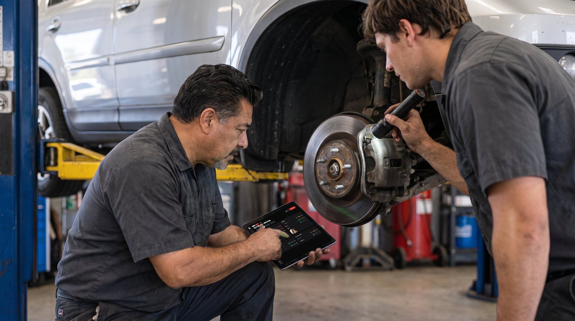Technician marking a brake inspection on the SHOP TECH iPad