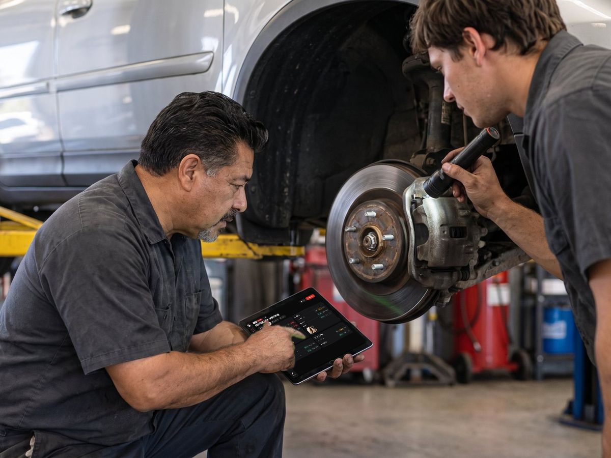 Technicians inspecting a vehicle on a lift with the SHOP TECH app on an iPad